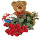 With love selection: a bear toy + box of chocolates + 11 long stem red roses